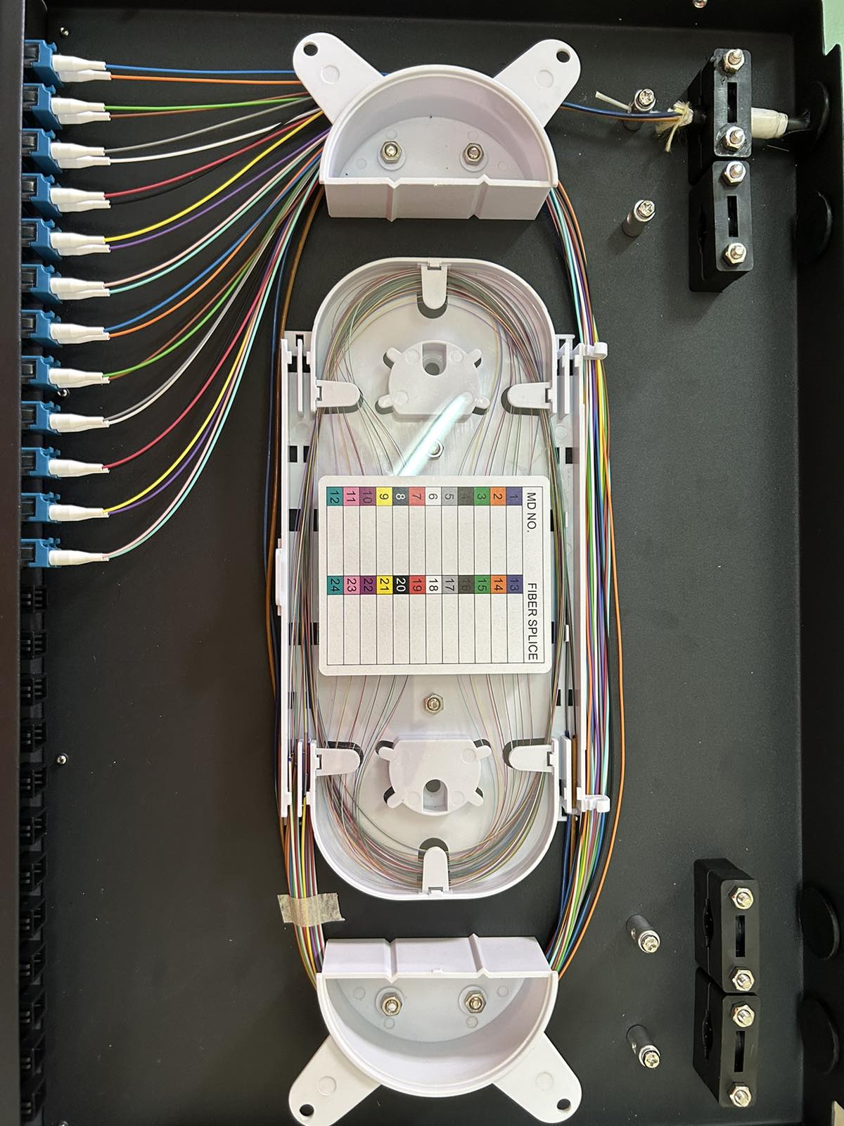 Οπτικός κατανεμητής ODF σε υποσταθμό με splice tray και pigtails